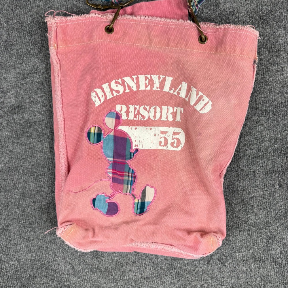 Disneyland Resort Tote Bag Womens OS Pink Plaid Mickey Mouse Frayed Canvas Stain